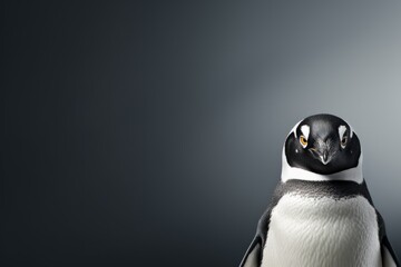  a close up of a penguin with a black and white head and a black and white body and a gray background. - obrazy, fototapety, plakaty