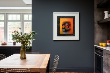  a vase filled with flowers sitting on top of a wooden table next to a stove top oven in a kitchen.