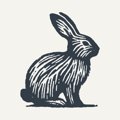 Sitting bunny. Vintage block print style grunge effect vector illustration. Black and white.