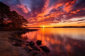  a sunset over a body of water with rocks in the foreground and trees on the other side of the water.