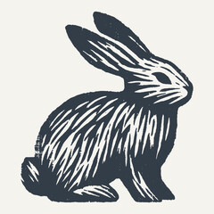 Obraz premium Sitting bunny. Vintage block print style grunge effect vector illustration. Black and white.