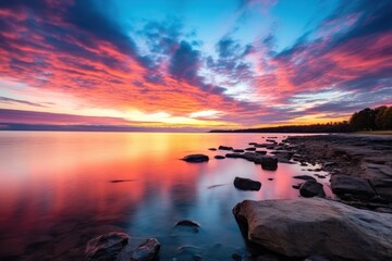  a beautiful sunset over a body of water with rocks in the foreground and a sky filled with clouds in the background.