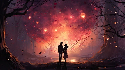 an illustration of a couple in love in a magical forest - obrazy, fototapety, plakaty