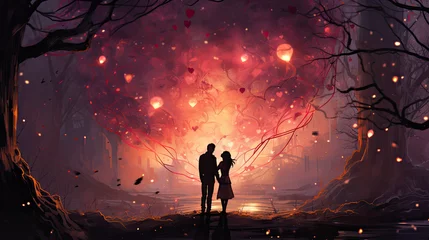 Poster an illustration of a couple in love in a magical forest © Aliverz