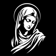 Madonna, Our Lady Virgin Mary Mother of Jesus, Holy Mary, vector illustration, black on white background, printable, suitable for logo, sign, tattoo, laser cutting, sticker and other print on demand	