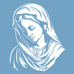 Madonna, Our Lady Virgin Mary Mother of Jesus, Holy Mary, vector illustration, black on white background, printable, suitable for logo, sign, tattoo, laser cutting, sticker and other print on demand	