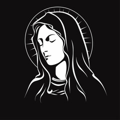 The Mary,Our Lady Virgin Mary Mother of Jesus, Holy Mary,  vector illustration, black on white background, printable, suitable for logo, sign, tattoo, laser cutting, sticker and other print on demand	