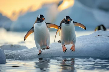 Poster Arctic fun penguins joyfully sliding on the icy surface © abdulmoizjaangda