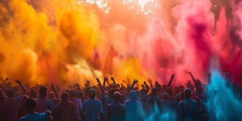 Happy Holi. Indian holiday. Exuberant crowd celebrating Holi with bursts of colorful powders in the air - obrazy, fototapety, plakaty
