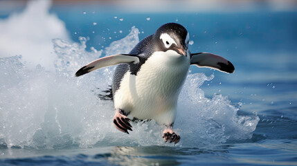 Obraz premium a penguin running through the water