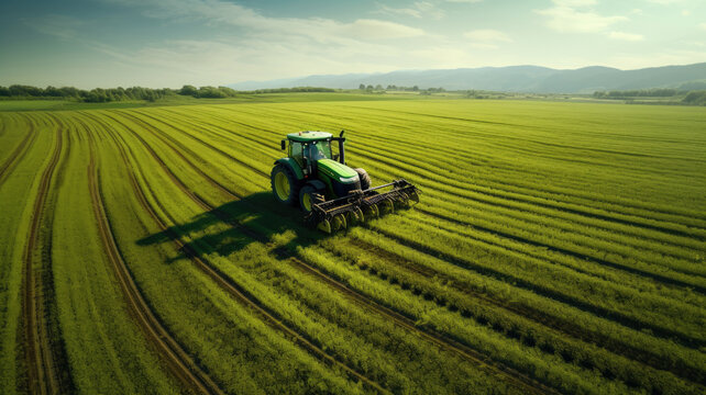 A tractor cultivates the land, spring work on a green field