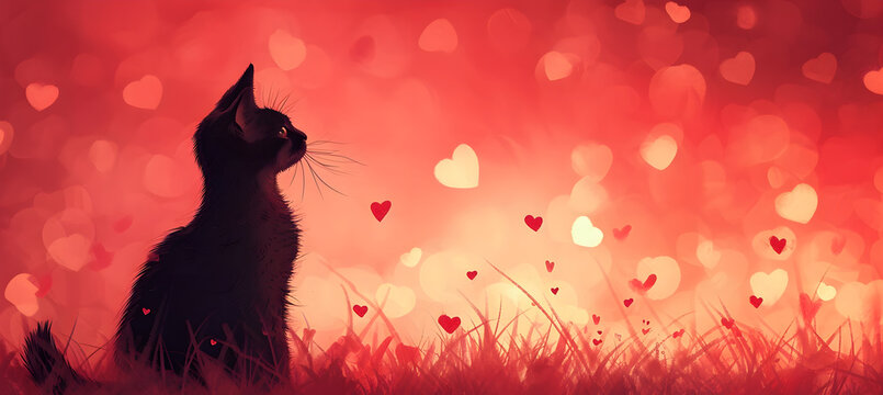 Cute black cat on Valentine's Day 