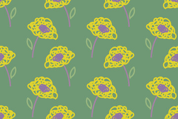 Beautiful flower springtime and summer field, garden. Floral, botanical, plants, doodle art. Trendy, stylish, fashionable, seamless vector pattern for design and decoration.
