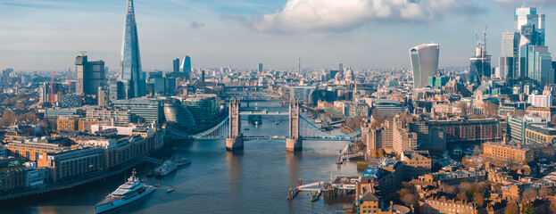 Aerial view of the Iconic Tower Bridge connecting Londong with Southwark on the Thames River in...