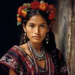 Fototapeta premium South American Guatemalan girl in traditional authentic clothing
