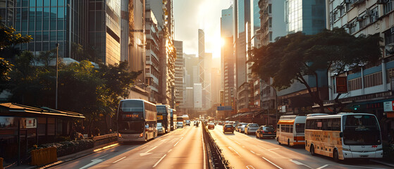 Skyscrapers and vehicles in the street at the golden hour of the sunset