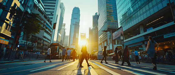 The skyline of an urban Asian city and the people crossing the street at the golden hour of the...