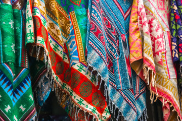 New Delhi, India. Beautiful scarves for sale at street gift store on the Main Bazaar (Paharganj).