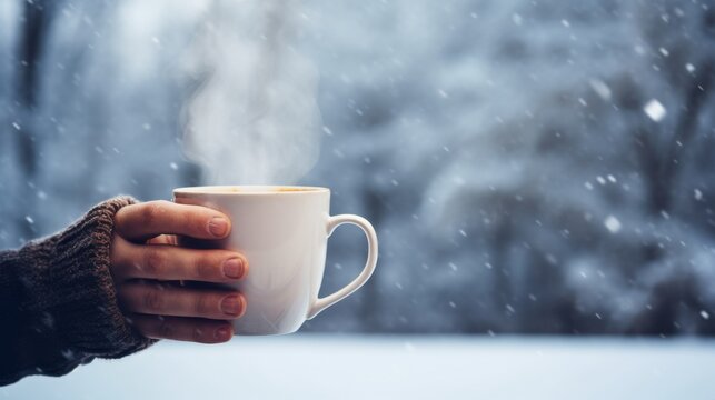 Cup of hot coffee with steam, held by cold hand with snowy background. 