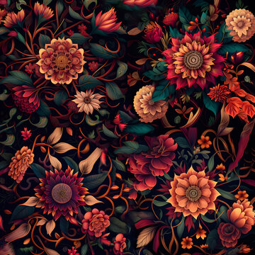 Dark Floral background illustration. Red and Black Flowers Pattern. Generative AI