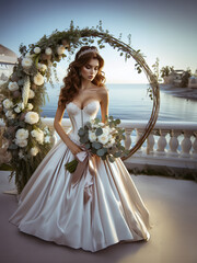 a beautiful young bride in a long corset wedding dress holds a wedding bouquet of roses and eucalyptus leaves, tied with a silk satin ribbon, stands near a beautiful wedding arch decorated with roses 