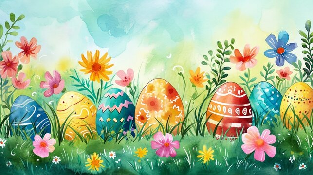 Easter egg in pastel colors illustration. Watercolor style. Beautiful Easter Egg with abstract flowers pattern inside. Copy space for text. For banners, children books, invitations.