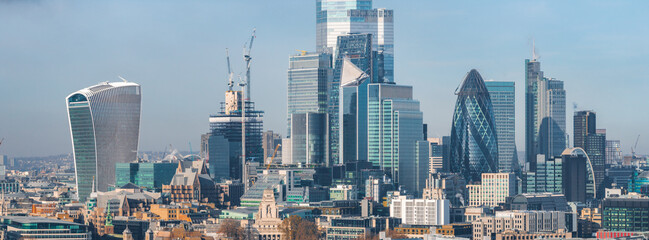 Aerial view of the London business center skyscrapers. Panoramic view of the city of London...