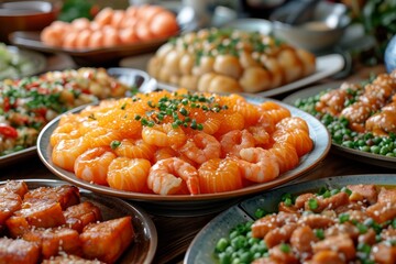 Family Reunion Dinner: Image: A warm and inviting scene of a family reunion dinner with an abundance of traditional Chinese New Year dishes