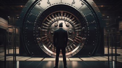 The banker stands in front of the iron door of the vault. Bank vault room. High level locking mechanism.