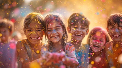 Happy Holi. Indian holiday. Happy kids covered in Holi colors with joyful expressions. - obrazy, fototapety, plakaty