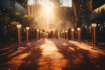 Red carpet at a film festival with a blurred golden bokeh background and people in suits in the background. Generated by artificial intelligence - obrazy, fototapety, plakaty