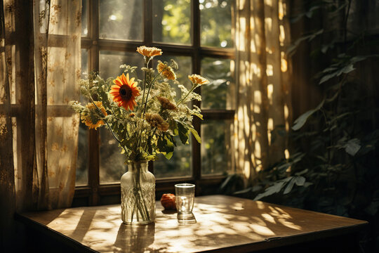 Warm light of the sun in the window with curtains and a pot of flowers on the table. Generated by artificial intelligence