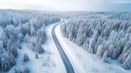 Fototapeta premium Winter snowy view of remote country road, surrounded by forest and hills