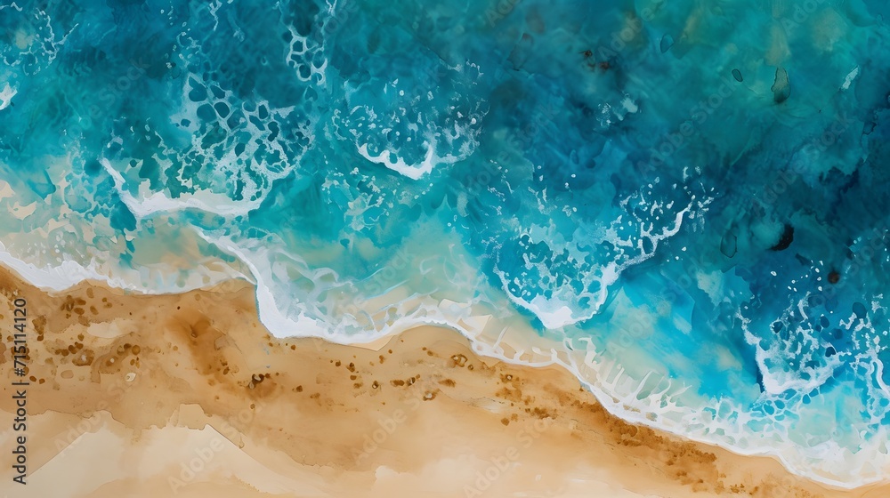 Sticker beautiful beach with blue sea and waves on the sand seen from above. abstract watercolor painting to