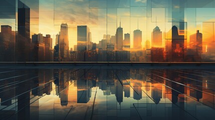 A city skyline at sunset with warm hues reflecting off glass buildings