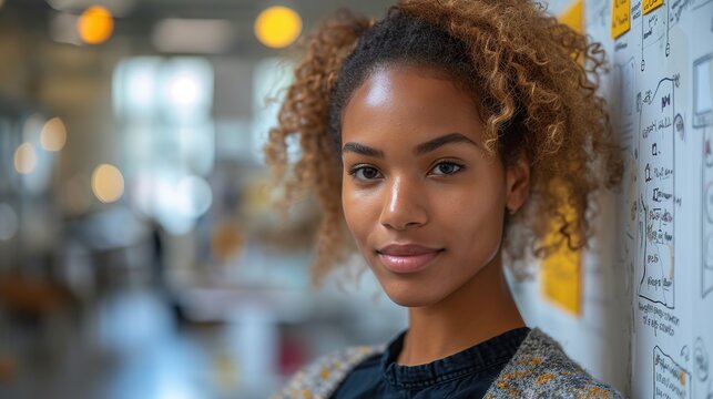 Young american executive manager businesswoman writing strategy ideas on sticky notes