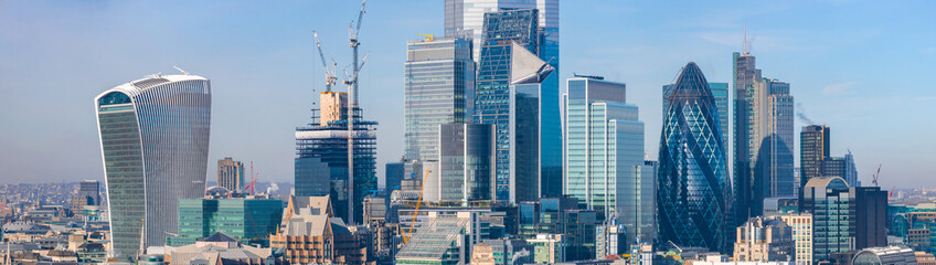 Aerial view of the London business center skyscrapers. Panoramic view of the city of London business district.