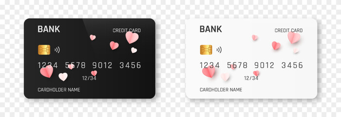 Bank card vector template png. Bank card with a design for Valentine's Day. Plastic bank card png.