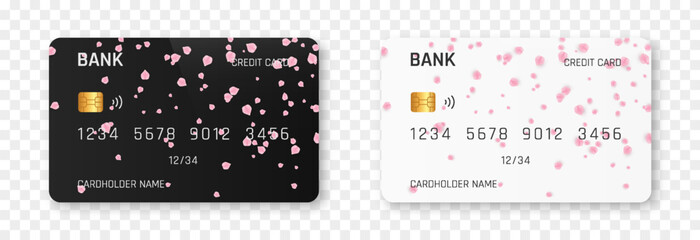 Bank card vector template png. Bank card with rose or sakura petals design. Plastic bank card png. - obrazy, fototapety, plakaty