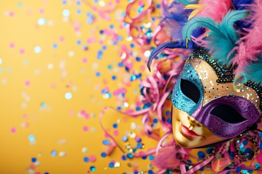 A vibrant carnival mask against a colorful confetti-strewn backdrop