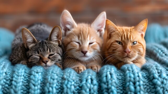Three kittens on a fluffy blanket. Adorable cute pets photo bundle. group ofcat. portrait of a cat