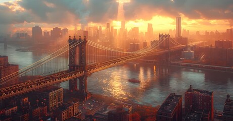 aerial of new york city at sunset. golden gate bridge at night - Powered by Adobe