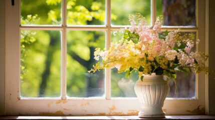 Spring flower arrangements in vase, in front of cottage window and spring blossoms outside in the background
