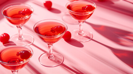 Elegant red cocktails in martini glasses with cherries, cast with soft shadows on a pink surface. Background for the holiday Valentine's Day - obrazy, fototapety, plakaty