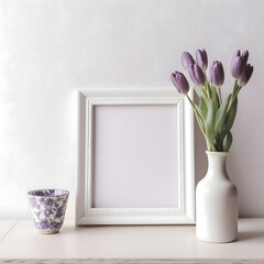 A photo of a blank white photo frame next to a vase of purple tulips. mockup photo of a blank frame in French cottage style 