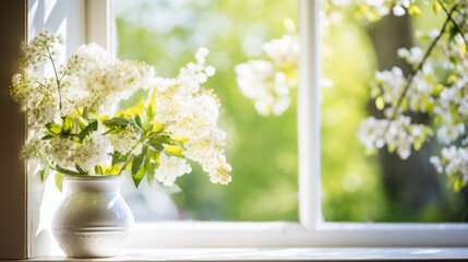 Spring flower arrangements in vase, in front of cottage window and spring blossoms outside in the background