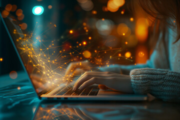 the person typing on her laptop with information coming up from it, in the style of bokeh panorama, shaped canvas, intertwined networks, luxurious, weathercore, commission for, light-focused - obrazy, fototapety, plakaty