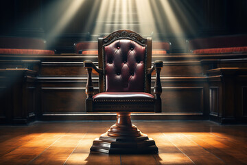 A chair in a courtroom illuminated by bright rays. Generated by artificial intelligence - obrazy, fototapety, plakaty