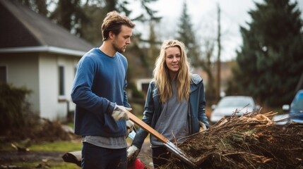 Young couple clearing up storm debris from the drive of their house.