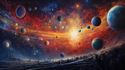 A cosmic dance of planets and celestial bodies in a distant galaxy - obrazy, fototapety, plakaty
